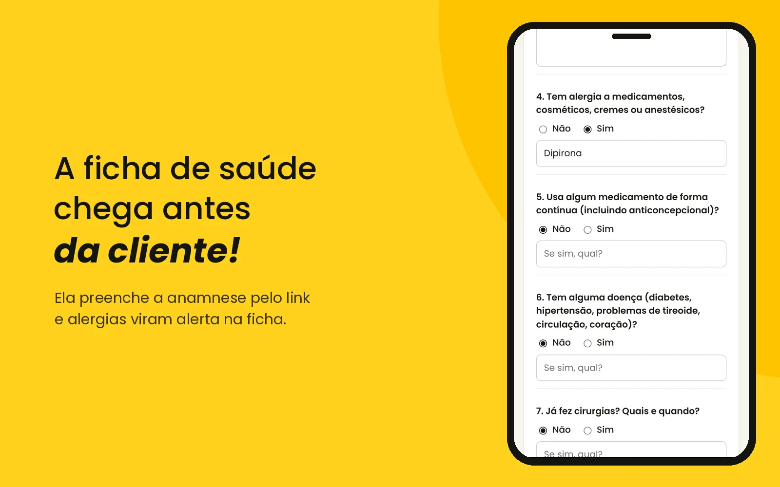 A cliente preenche a anamnese pelo link no celular