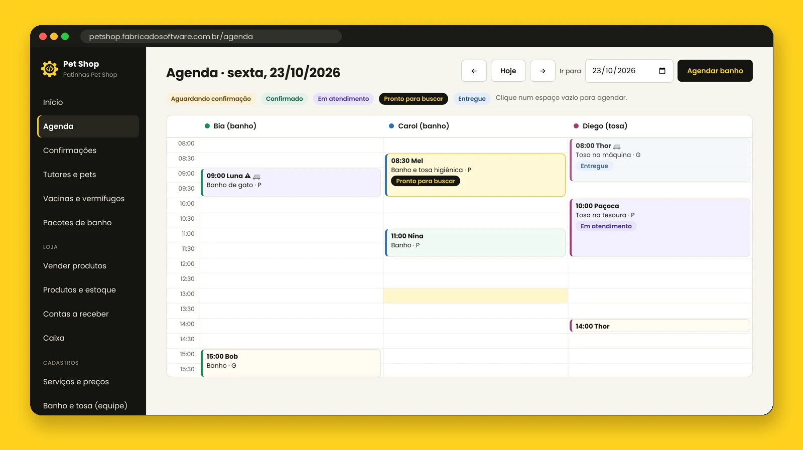 Agenda do dia por banhista e tosador, com táxi dog e alertas