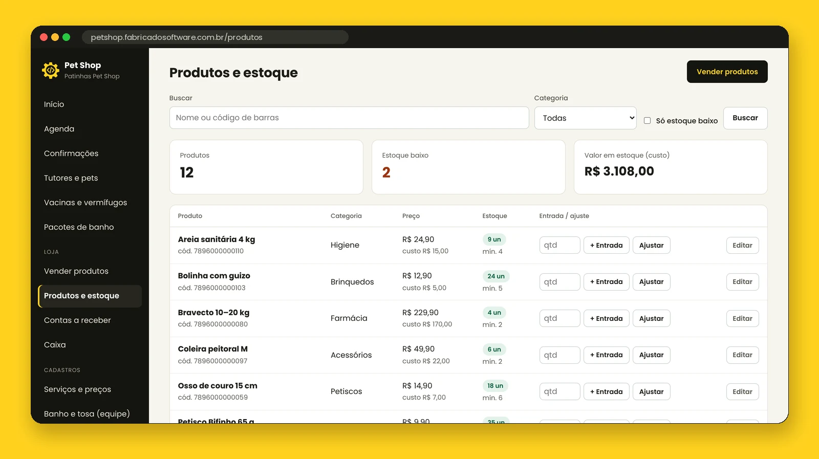 Produtos e estoque com mínimo, entrada e ajuste