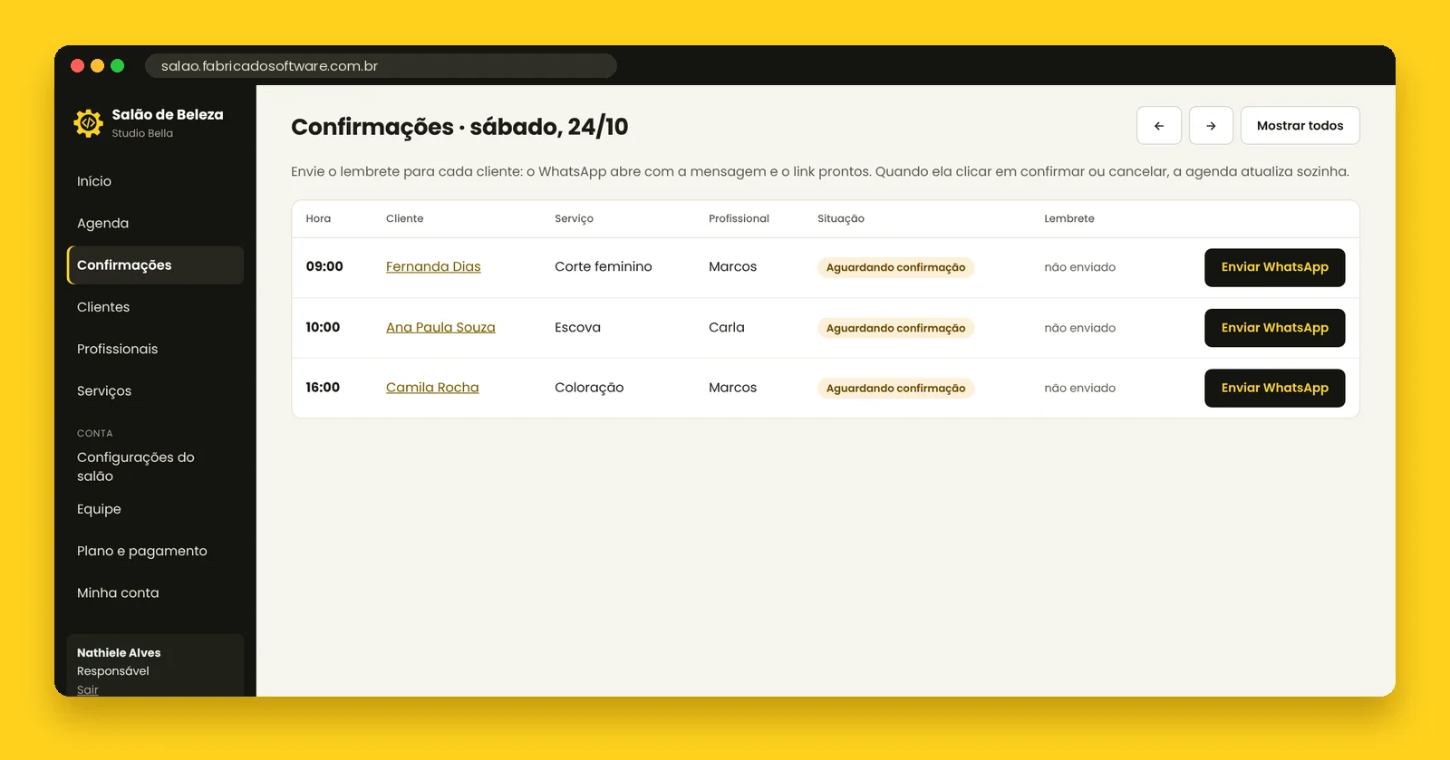 Confirmações: lembrete de amanhã no WhatsApp com um clique